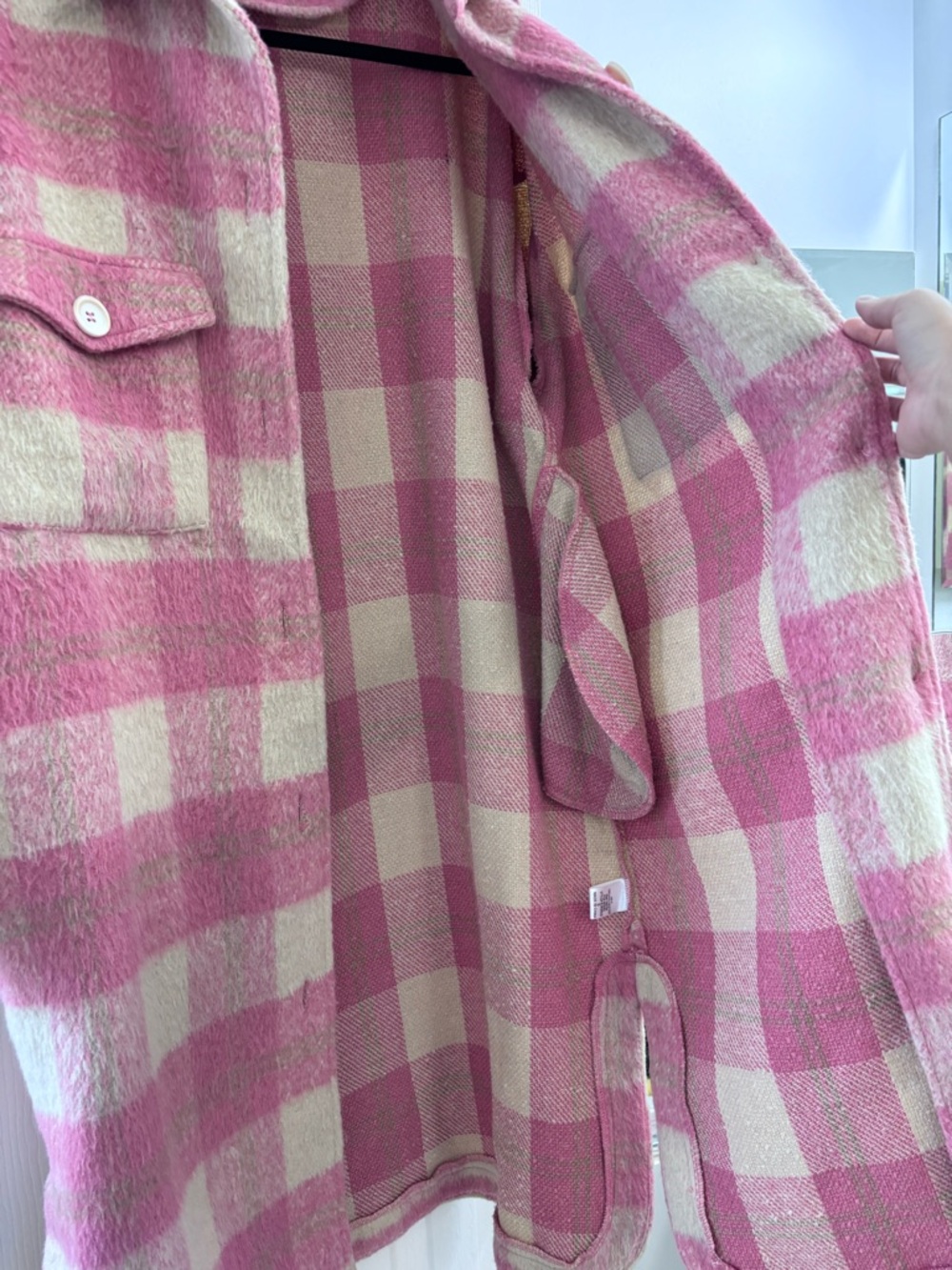 billitodu Pink Plaid Fuzzy Longline Shacket Coatigan - SIZE S (OVERSIZED) - Picture 6 of 16
